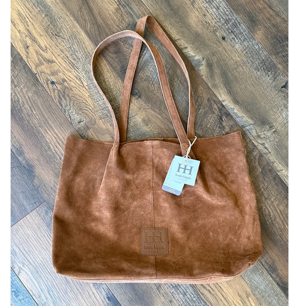 New HAUTE HIPPIE Style Cinched Suede Leather Tote in Cognac Brown